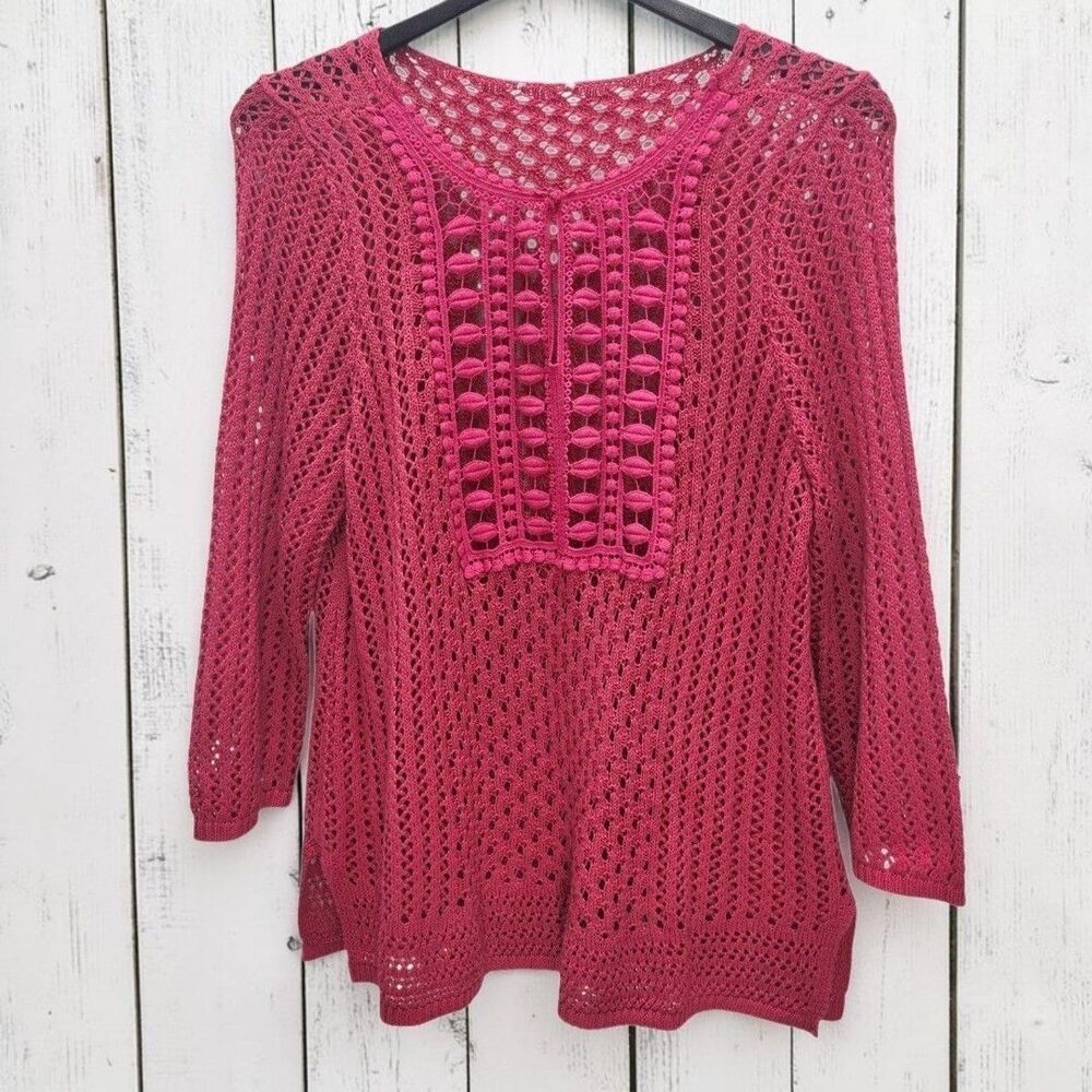 Chicos Open Knit Crochet Pullover Sweater Womens L 12-14 Hot Pink Coastal Chic